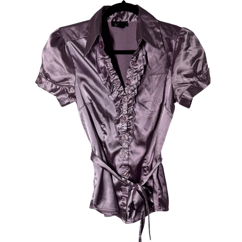 A. Byer Ruffle Satin Blouse Small Purple Excellent Short Sleeve Tie Waist Top